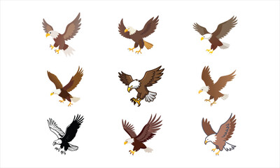 Set of Flying Eagle Illustrations, A collection of nine eagle illustrations in flight, showcasing different poses and styles, symbolizing freedom, strength, and power.
