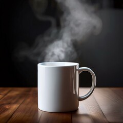side view of blank empty 11 oz white coffee mug  with steam and darker background