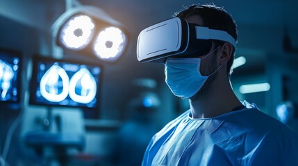 A medical professional wearing a virtual reality headset engages in immersive training. Surrounding screens display medical data, enhancing learning in a high-tech environment.