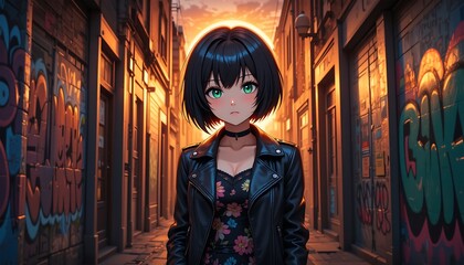 Anime Girl in Back Alley: Cyberpunk Style Illustration