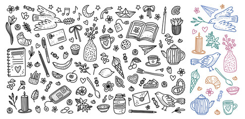 Obraz premium Cute flowers. Hand drawn frame decoration, birthday silhouettes with gift, cafe and cherry. Girly botanical elements for cards and posters. Cute birds and food. Woman lifestyle. Vector icons