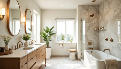 Serene and modern bathroom with natural elements and elegant design creating a tranquil retreat