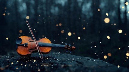 Fototapeta premium A Captivating Violin with Strings Crafted from Rainbows, Set Against a Dreamy Background of Soft Lights and Lush Nature in a Fantasy Environment