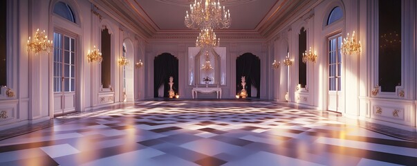 Obraz premium An elegant and spacious ballroom featuring intricate chandeliers, polished floors, and large windows allowing natural light to illuminate the luxurious interior.