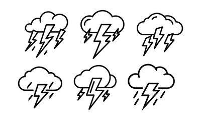 Thunderstorm Cloud Icon Set, Collection of thunderstorm cloud icons with lightning bolts, ideal for weather forecasts, storm warnings, and climate-related visuals.  
