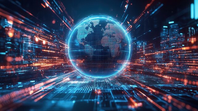 Futuristic Global Connectivity, a digital globe encircled by advanced transport systems and trade routes, representing the essence of globalization