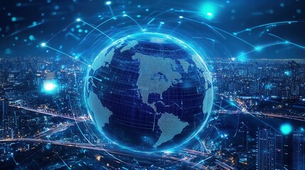 Futuristic Globalization Hub, a digital globe encircled by advanced transport networks and vibrant trade routes, embodying interconnectedness.