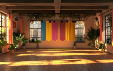 Bright and inviting studio space with colorful banners, large windows, and lush greenery, perfect for yoga, dance, or creative workshops bathed in warm sunlight.