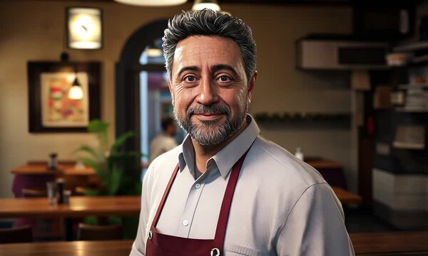 A middle-aged man, approximately 48 years old, standing in a cozy pizzeria