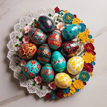 Decorated Easter eggs with traditional folk patterns. Top view Easer greeting card. Motion rotation