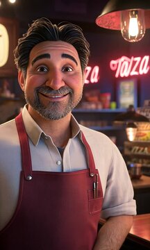 A middle-aged man, approximately 48 years old, standing in a cozy pizzeria