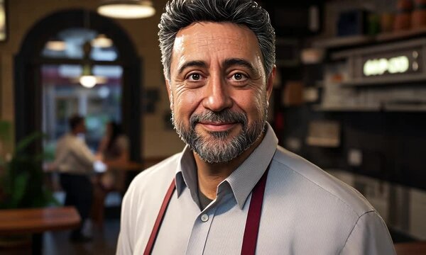A middle-aged man, approximately 48 years old, standing in a cozy pizzeria