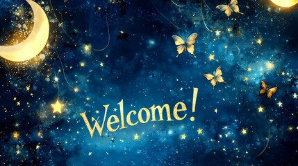 Naklejka premium Welcome to a Magical Night Sky: Stars, Moon, Butterflies