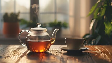 Fototapeta premium Steaming Teapot and Cup on Rustic Wooden Table with Natural Light