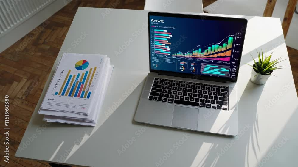 Poster data analysis with graphs and statistics displayed on laptop at workspace