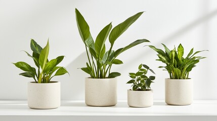 Fototapeta premium Modern Indoor Desk Setup with Lush Green Plants in Minimalist Pots Illuminated by Soft Natural Light for a Refreshing and Productive Workspace Aesthetic
