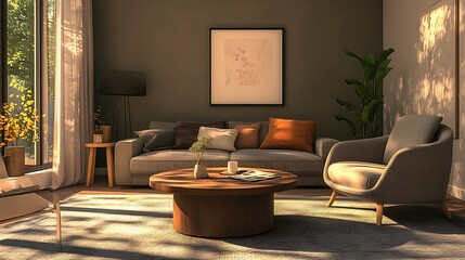 A brown couch with pillows in a room with a round coffee table