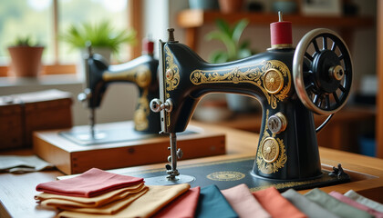 Vintage sewing machines showcase creativity in a sunlit craft room with vibrant fabrics at hand