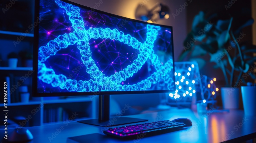 Poster A computer screen displays a vibrant, glowing representation of DNA strands, showcasing the fusion of artificial intelligence with biotechnology.