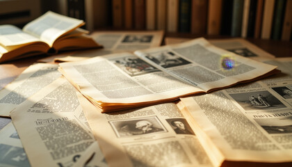 Obraz premium Vintage newspapers spread across a wooden table, capturing moments of history, light streaming softly through a window