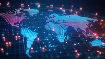 Fototapeta premium Interactive 3D world map showcasing global trade activity through vibrant data points and dynamic visualizations.