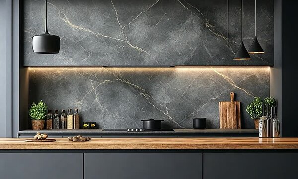 Modern Kitchen Design: Dark Grey Marble and Wood Countertop