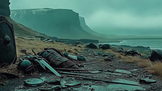 Abandoned Viking shields and swords lie scattered across a misty coastal landscape. Concept of history and the aftermath of ancient battles.