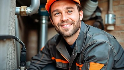 A happy repairman works on plumbing and industrial machinery, showcasing technical expertise. Concept of hands-on craftsmanship and professional service.