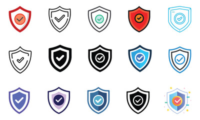 A variety of shield icons with checkmarks, representing security, protection, verification, and trustworthiness, designed in multiple styles and colors.  
