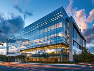 Obraz premium Exploring modern corporate building urban area architectural showcase evening setting wide angle geometric design