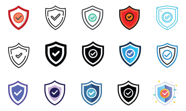 A variety of shield icons with checkmarks, representing security, protection, verification, and trustworthiness, designed in multiple styles and colors.  
