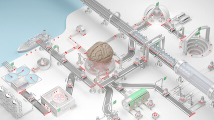 A futuristic industrial complex is depicted, highlighting automated conveyor belts, robotic arms, representing the fusion of technology and artificial intelligence. 3d rendering