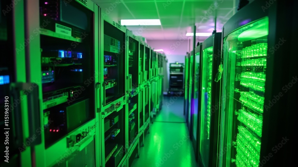 Poster Inside a cutting-edge facility dedicated to artificial intelligence and bio-computing, rows of servers emit a green glow.