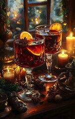 Elegant glass of mulled red wine with a fragrant mixture of spices, garnished with orange slices and whole cloves, surrounded by softly glowing candles and festive decor