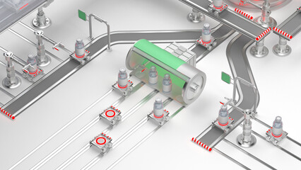 3D rendering of a futuristic factory conveyor belt system. The conveyor belts are clean and modern, with a sleek silver finish. The conveyor belts are transporting small glass bottles