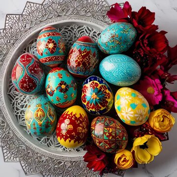 Decorated Easter eggs with traditional folk patterns. Top view Easer greeting card