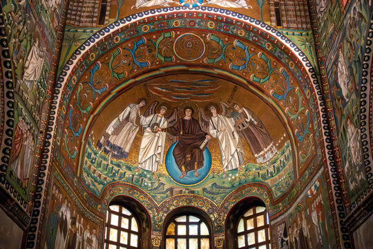Ravenna &ndash; IT &ndash; Oct 16, 2024 The Presbytery of San Vitale showcases stunning Byzantine mosaics, golden hues, intricate biblical scenes, and vibrant depictions of Emperor Justinian and Empress Theodora.