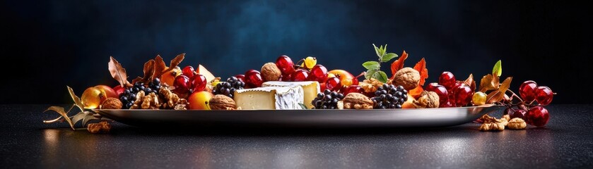 A gourmet cheese platter with various textures and colors, garnished with nuts, fruits, and herbs, representing sophistication and culinary art