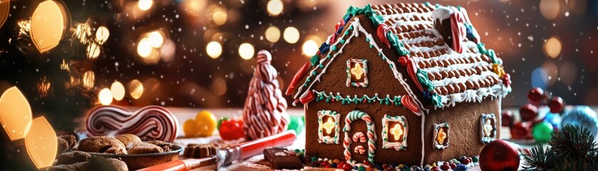 Naklejka premium A decorated gingerbread house surrounded by colorful candies, frosting, and baking tools, symbolizing family holiday traditions