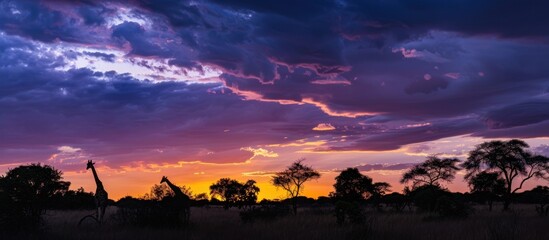 Obraz premium Silhouette of a giraffe with a sunset background