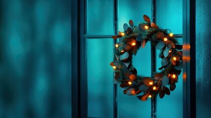 A glowing holiday wreath adorned with fairy lights, hanging on a frosty window, blending natural elements with modern festive decor