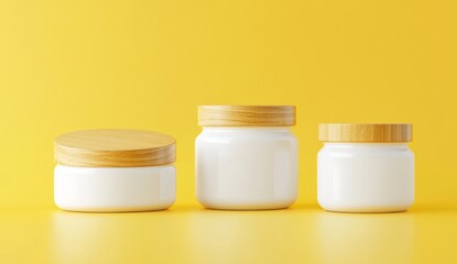 Three White Ceramic Jars with Wooden Lids on Yellow Background