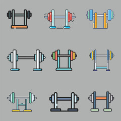 Collection of colorful vector icons featuring various dumbbell designs, perfect for fitness, gym, weightlifting, and workout-related projects.  
