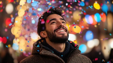 Young Man in Warm Winter Coat Smiling with Colorful Confetti Around