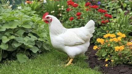 Fototapeta premium White Chicken in a Vibrant Garden Setting