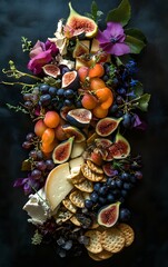 A luxurious cheese board, showcasing a variety of cheeses, fresh figs, grapes, and crunchy crackers, beautifully arranged with colorful accents and garnishes
