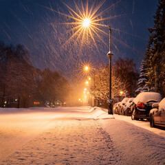 Snowy Street Night Scene Winters Embrace, Cars, Lights, Blizzard