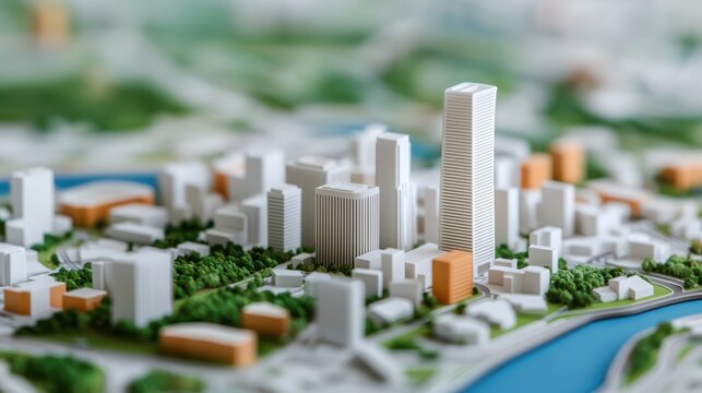 detailed city planning model showcasing urban development, featuring modern buildings, green spaces, and waterways. This miniature representation highlights sustainable architecture and design