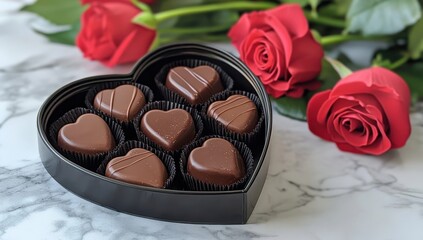 A heart-shaped box of chocolate candies surrounded by red roses, symbolizing love and affection, perfect for romantic occasions.
