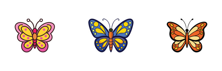 Set of colorful vector icons featuring vibrant butterfly designs with intricate wing patterns, perfect for nature, wildlife, garden, and decorative themes.  
